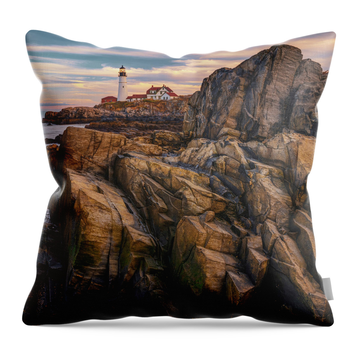 Portland Head Light Throw Pillow featuring the photograph Portland Head Light and Jagged Rocky Coast by Gregory Ballos
