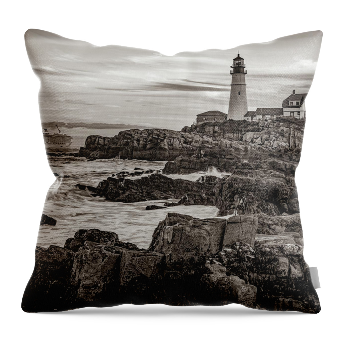 America Throw Pillow featuring the photograph Portland Head Light - Cape Elizabeth Maine in Sepia by Gregory Ballos