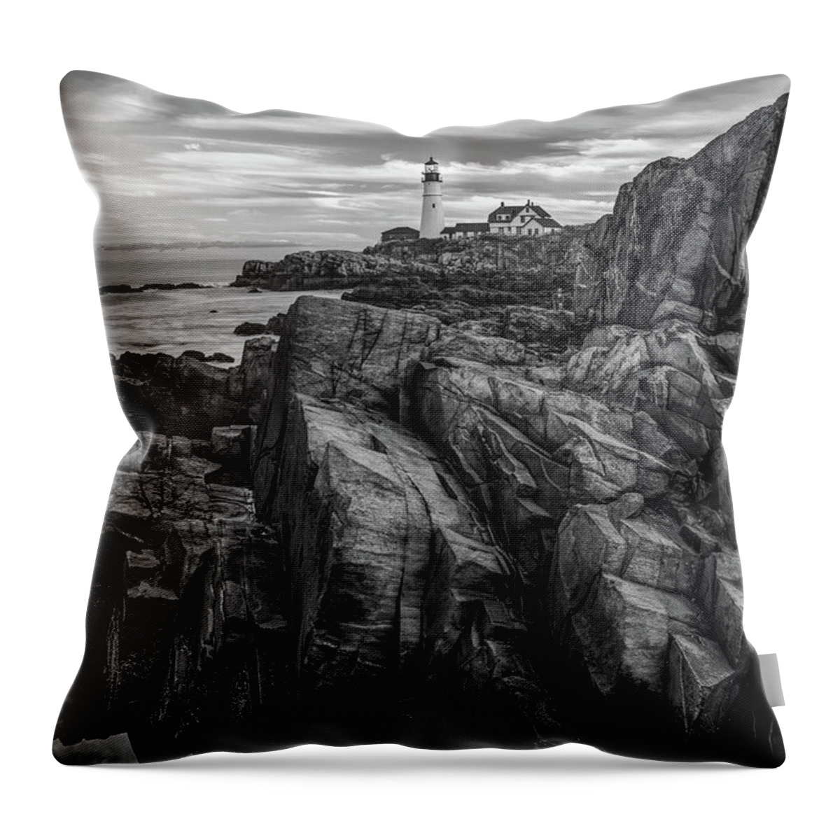 Portland Maine Throw Pillow featuring the photograph Portland Head Light on the Rocks - Monochrome by Gregory Ballos