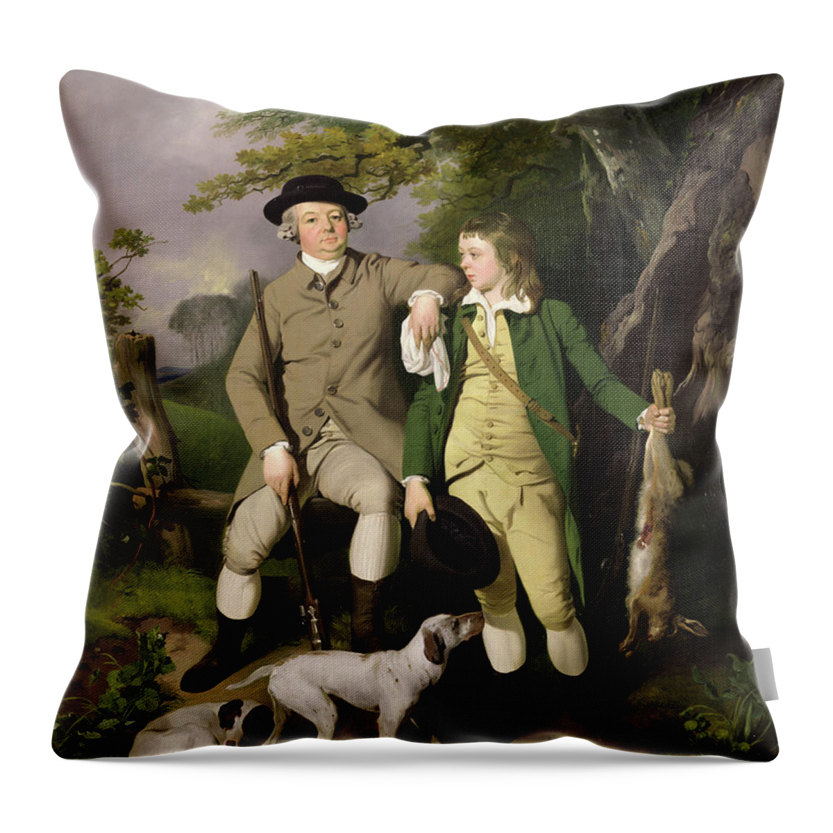 Walking Stick Throw Pillow featuring the painting Portrait Of A Sportsman With His Son, 1779 by Francis Wheatley