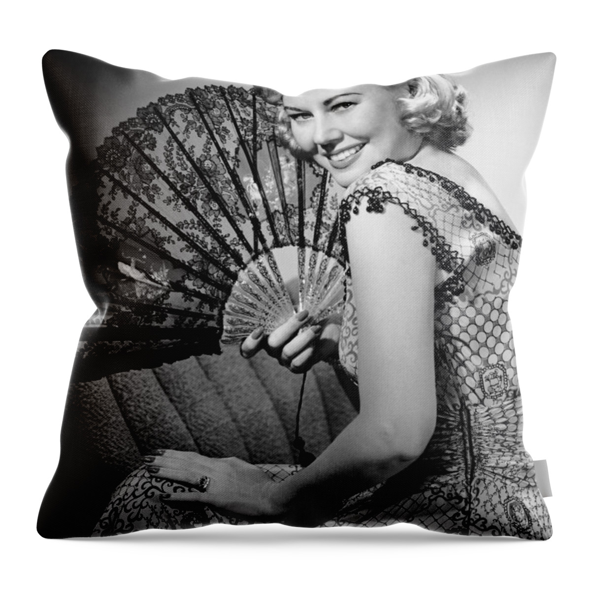 Three Quarter Length Throw Pillow featuring the photograph Portrait Of Blonde Woman Holding Fan by George Marks
