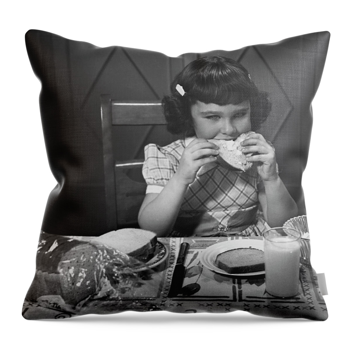 Milk Throw Pillow featuring the photograph Portrait Of Little Girl Eating Buttered by George Marks