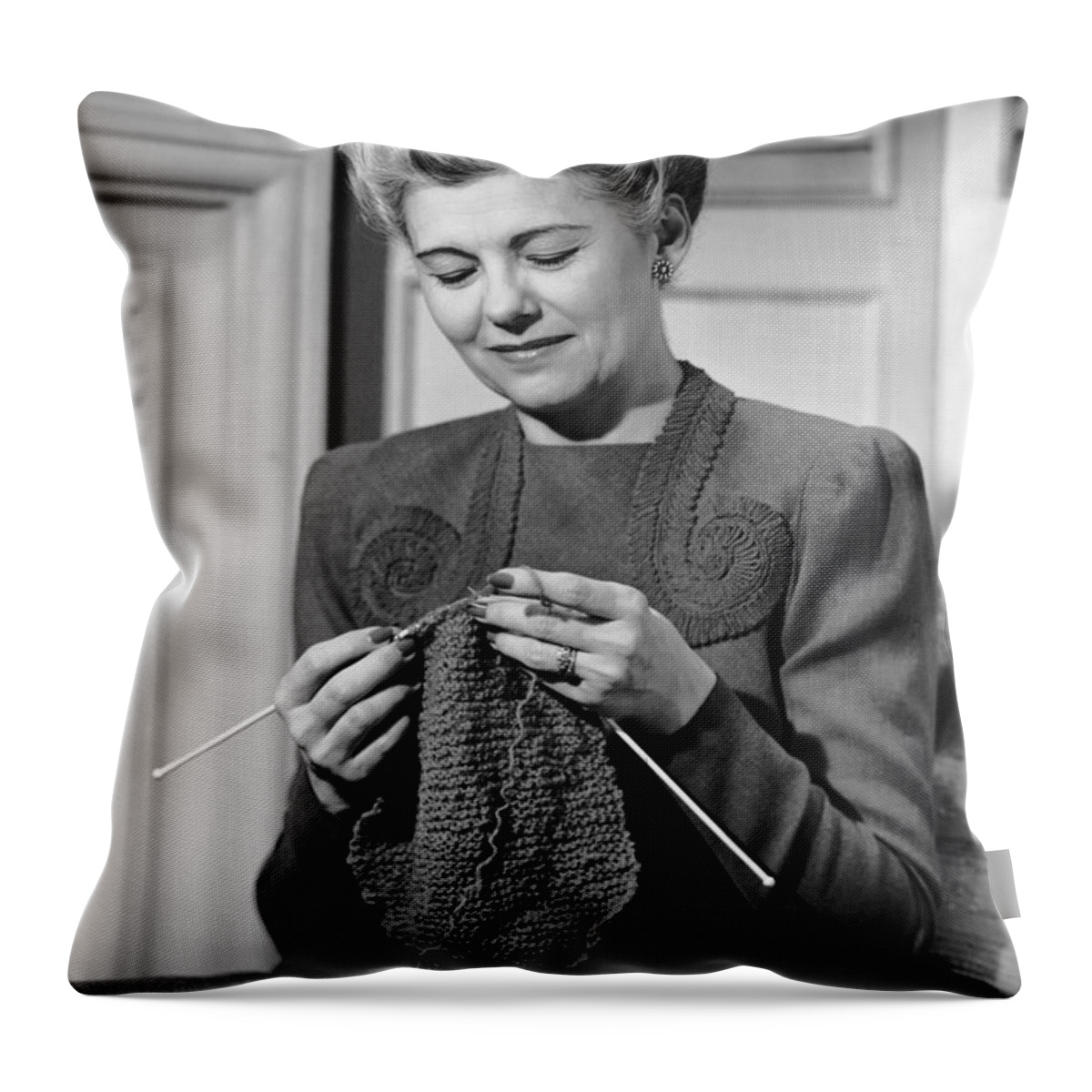 Mature Adult Throw Pillow featuring the photograph Portrait Of Mature Woman Crocheting by George Marks