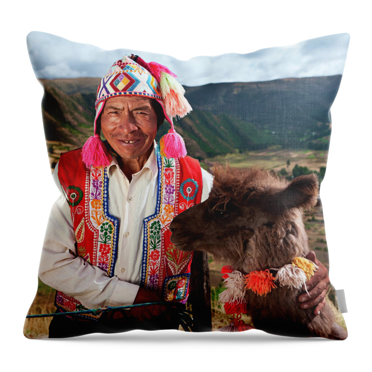Working Animal Throw Pillow featuring the photograph Portrait Of Peruvian Man Near Pisac by Hadynyah