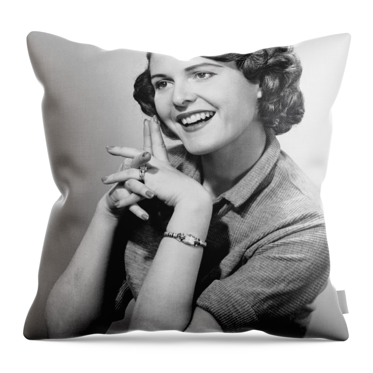 People Throw Pillow featuring the photograph Portrait Of Smiling Woman by George Marks