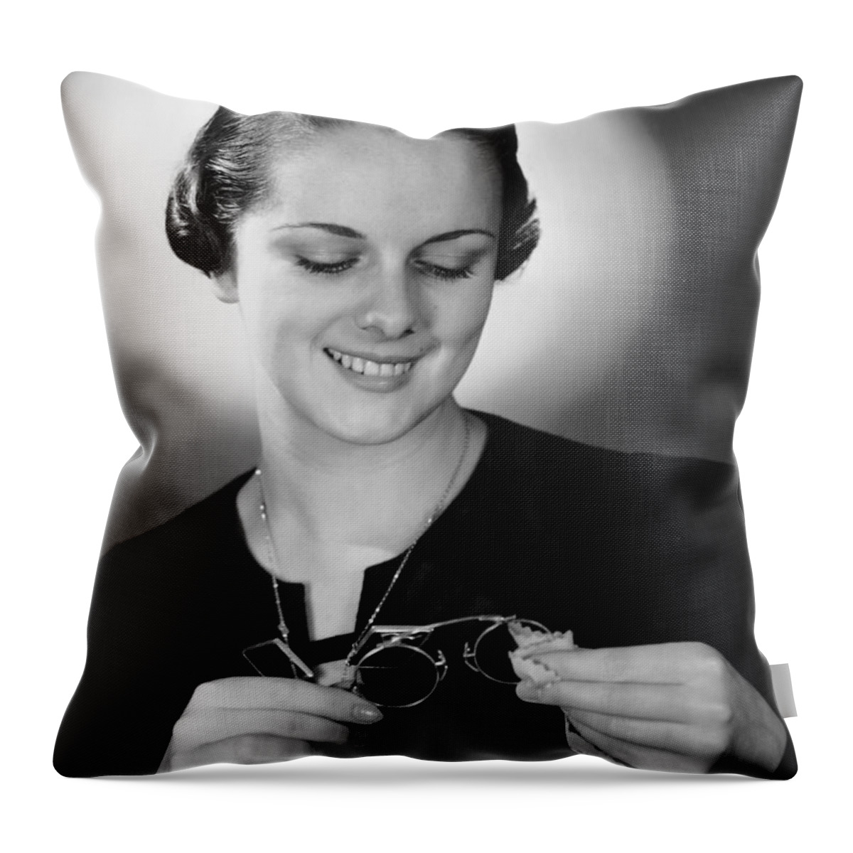 People Throw Pillow featuring the photograph Portrait Of Woman Cleaning Eyeglasses by George Marks