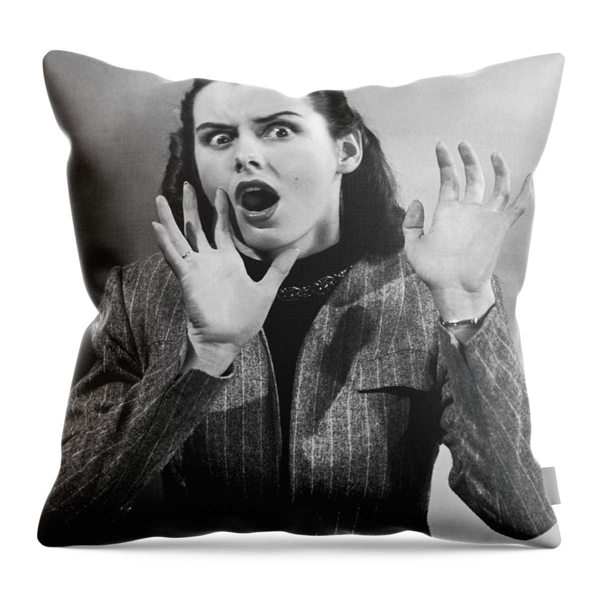 People Throw Pillow featuring the photograph Portrait Woman With Shocked Expression by Fpg