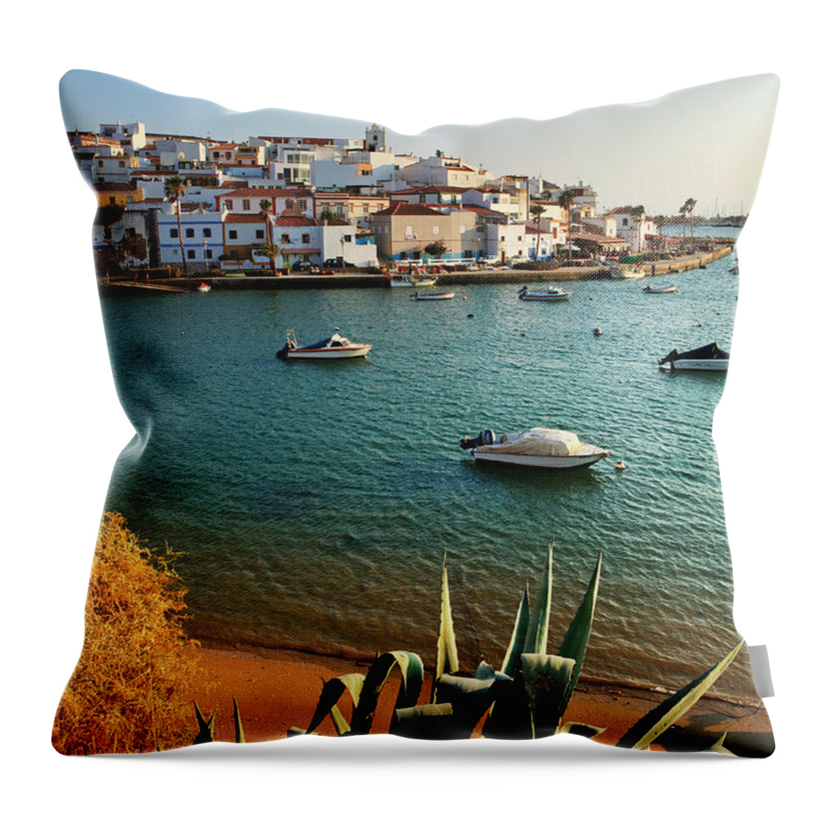 Estock Throw Pillow featuring the digital art Portugal, Faro, Ferragudo, Atlantic Ocean, Algarve, The Fishing Village Of Ferragudo Near Portimao by Luigi Vaccarella