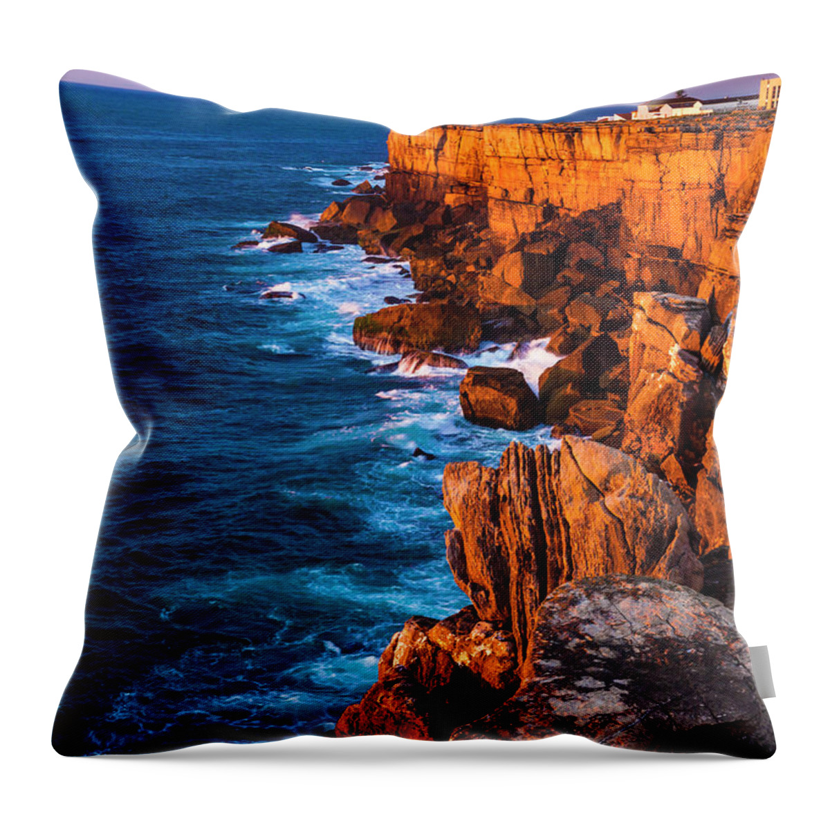 Estock Throw Pillow featuring the digital art Portugal, Leiria, Peniche, Atlantic Ocean, Cabo Carvoeiro, Cliff, Sunset by Olimpio Fantuz
