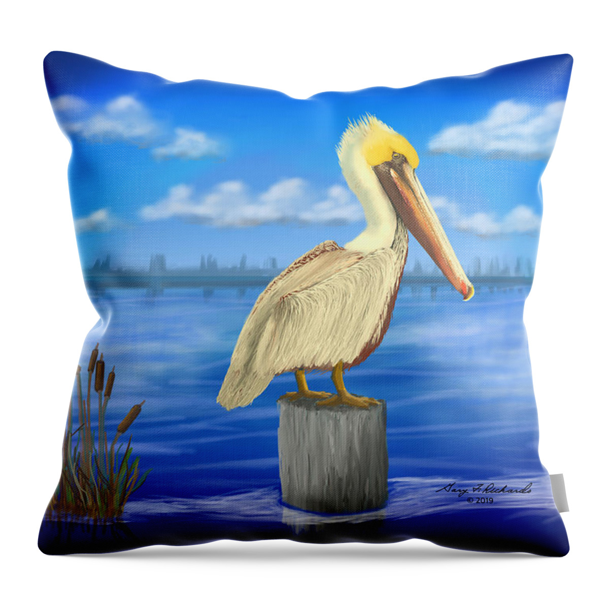Gary Throw Pillow featuring the digital art Posted Pelican #2 Dark by Gary F Richards