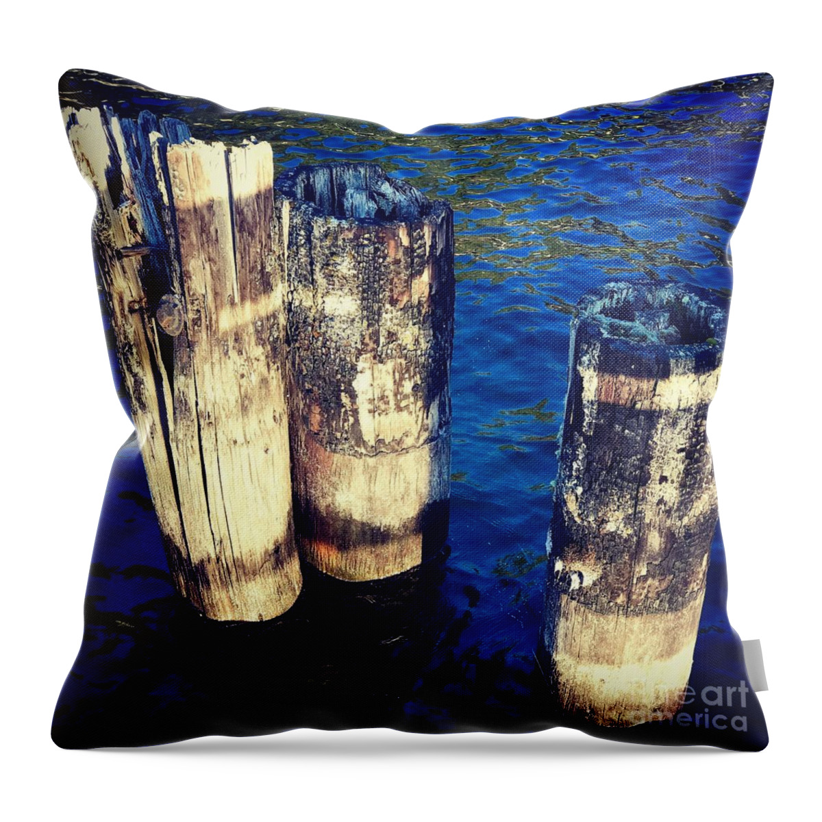 Wooden Throw Pillow featuring the photograph Posts in Water by Suzanne Lorenz