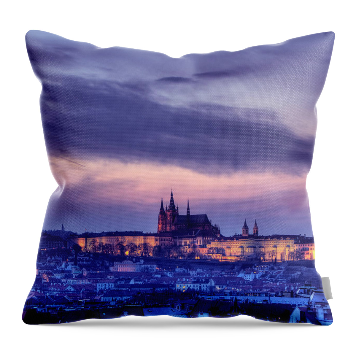 Gothic Style Throw Pillow featuring the photograph Prague Twilight View Of Hradcany Castle by Aleksandargeorgiev
