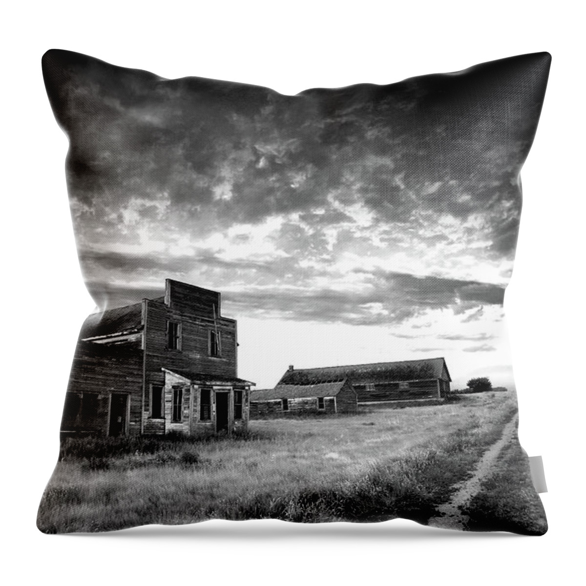 Scenics Throw Pillow featuring the photograph Prairie Ghost Town In Black And White by Imaginegolf