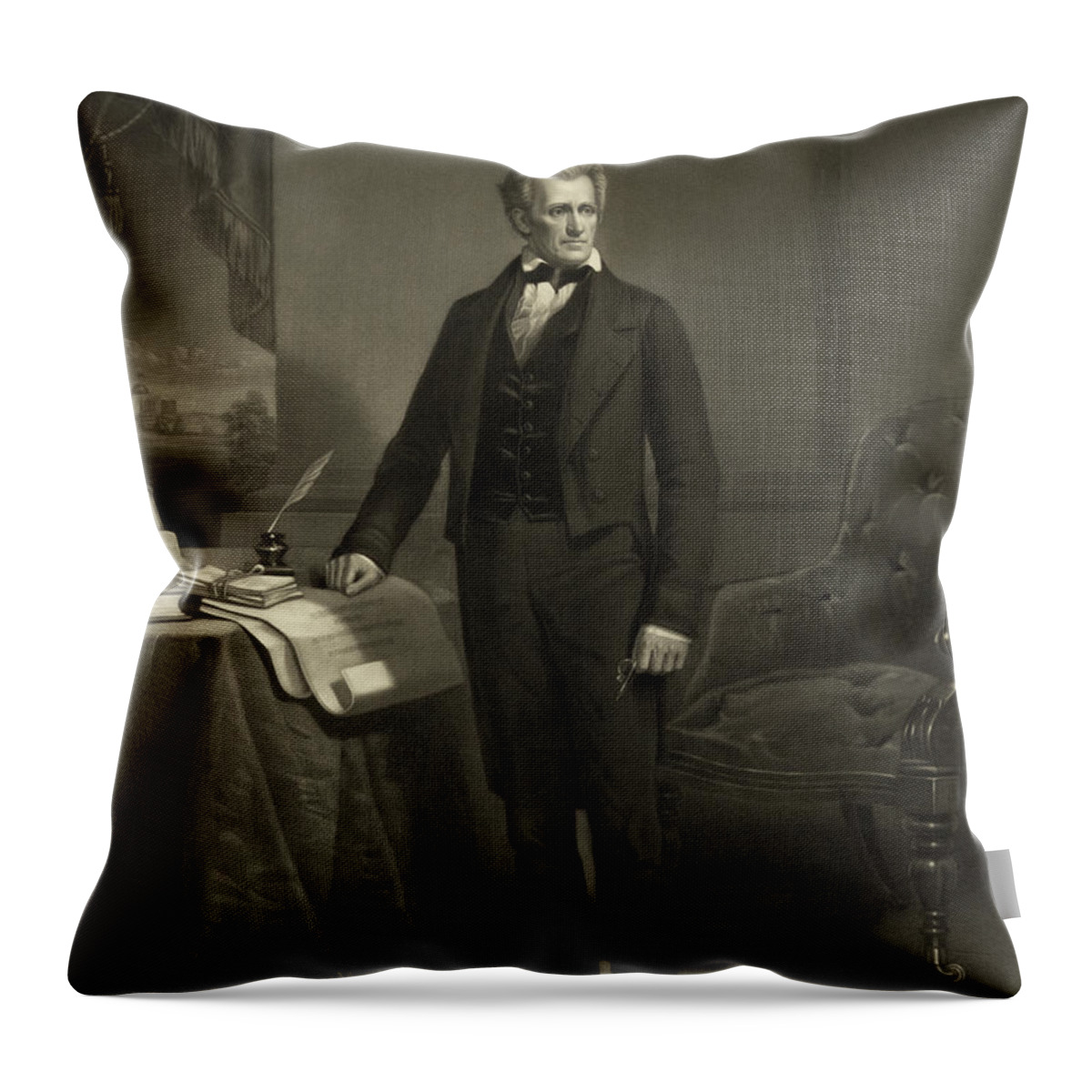 Andrew Jackson Throw Pillow featuring the drawing President Andrew Jackson, circa 1860 engraving by Alexander Hay Ritchie