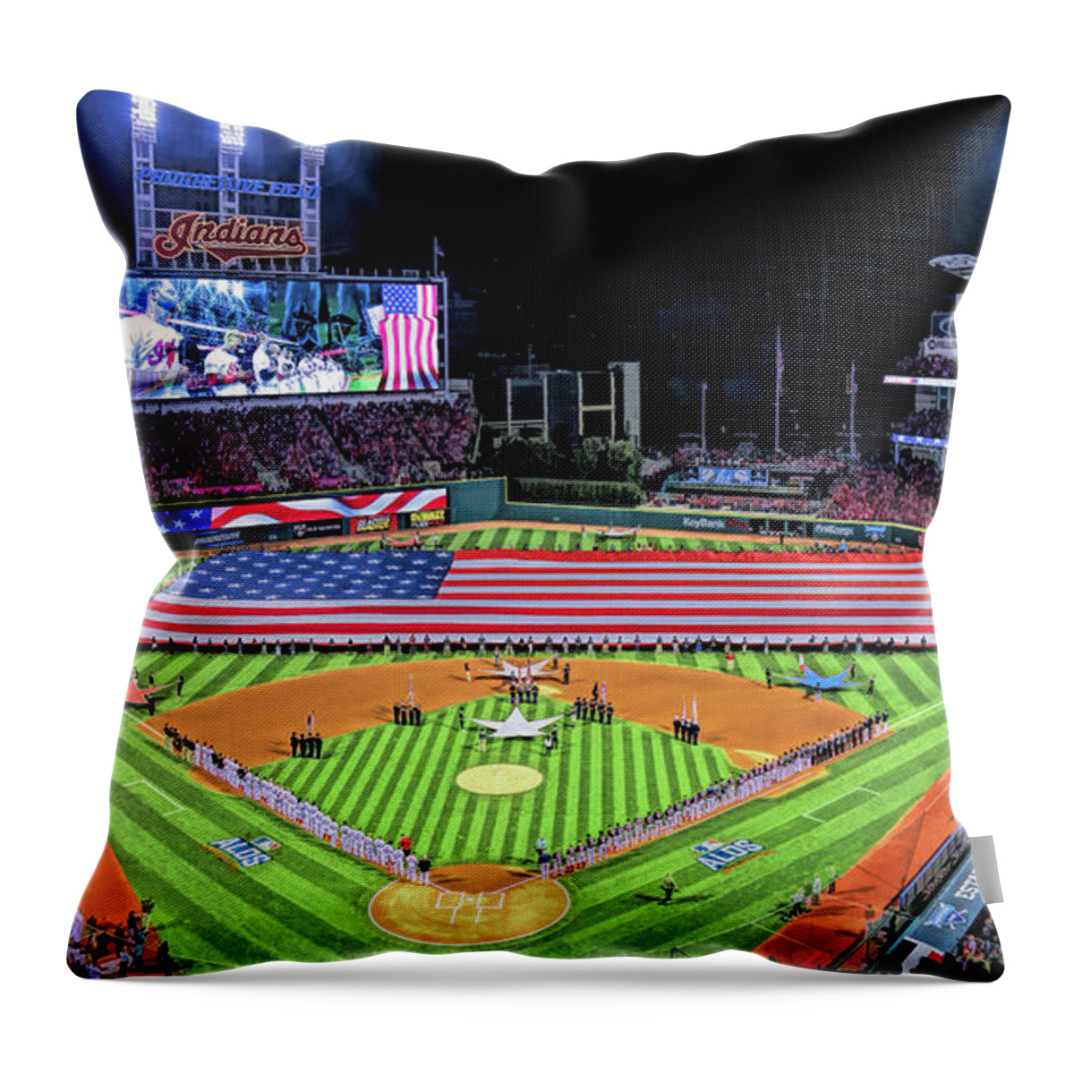 Progressive Field Throw Pillow featuring the painting Progressive Field Cleveland Indians Baseball Ballpark Stadium by Christopher Arndt