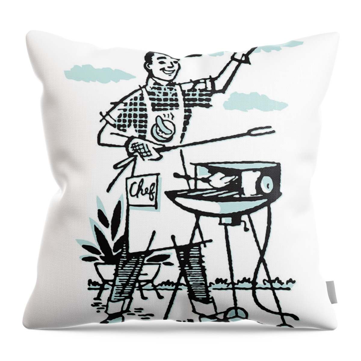 Accessories Throw Pillow featuring the drawing Proud Father Grilling on Charcoal Grill by CSA Images