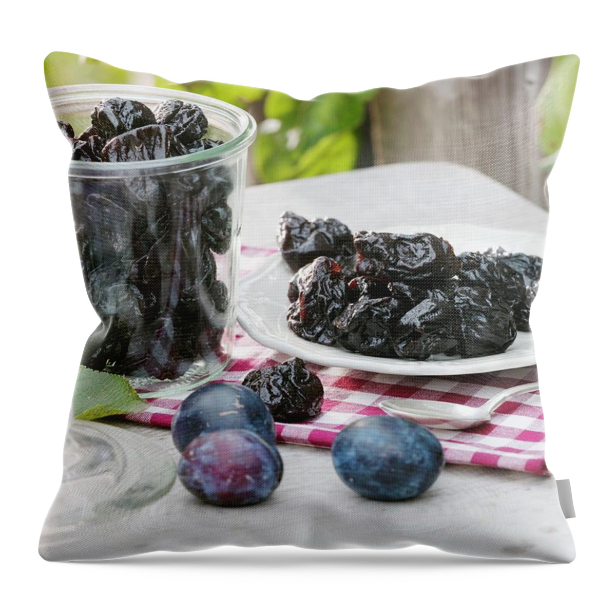 Ip_00296211 Throw Pillow featuring the photograph Prunes On Plate And In Jar by Strauss, Friedrich