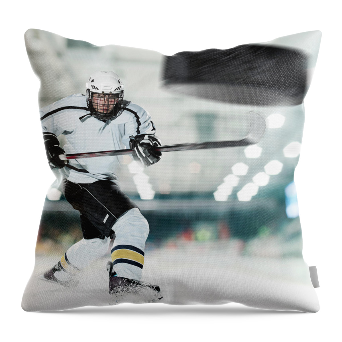 People Throw Pillow featuring the photograph Puck Shot By Ice Hockey Player by Bernhard Lang