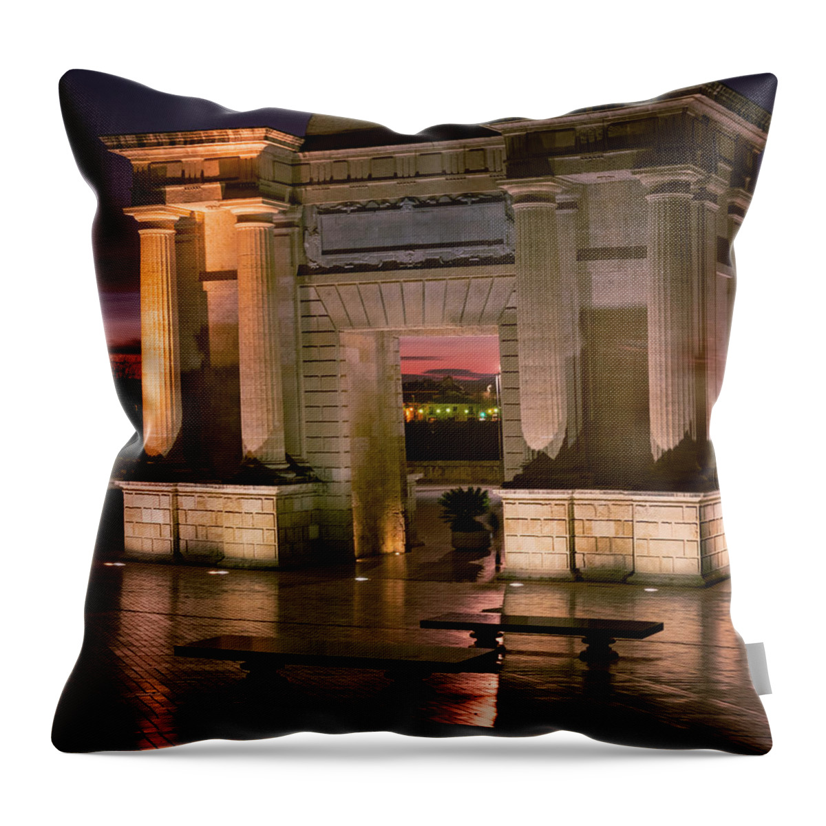 Joan Carroll Throw Pillow featuring the photograph Puerta Puente Dawn Cordoba Spain by Joan Carroll