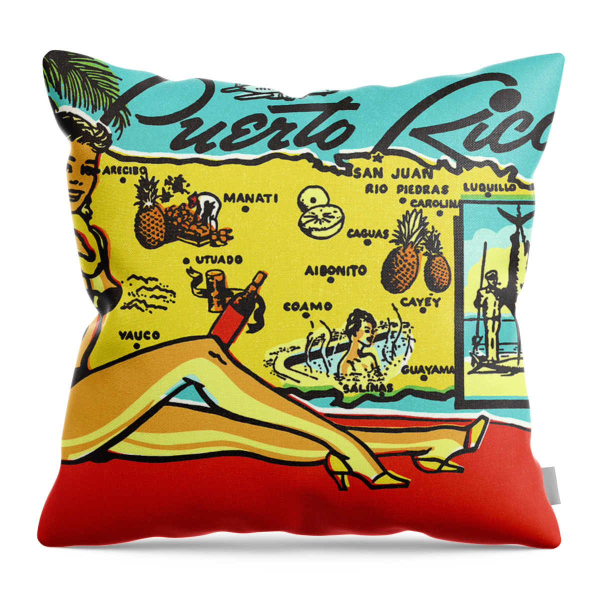 Activity Throw Pillow featuring the drawing Puerto Rico Travel Postcard by CSA Images