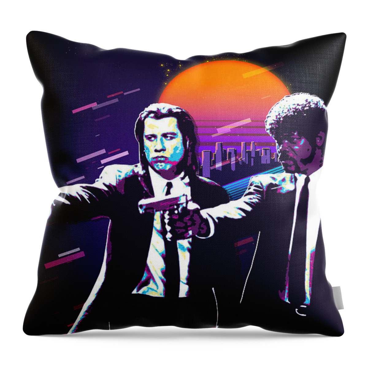 ‘cinema Treasures’ Collection By Serge Averbukh Throw Pillow featuring the digital art Pulp Fiction Revisited - Urban Neon Vincent Vega and Jules Winnfield by Serge Averbukh