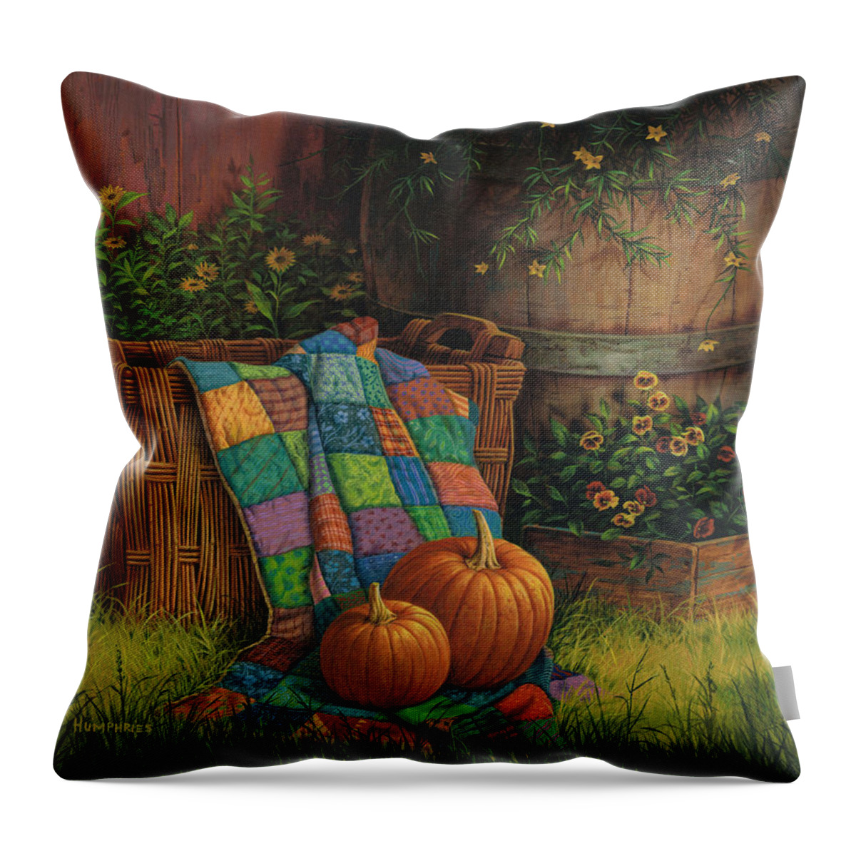 Michael Humphries Throw Pillow featuring the painting Pumpkins and Patches by Michael Humphries