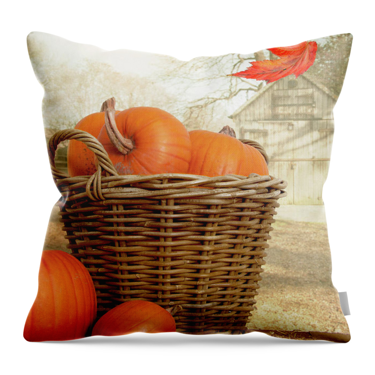 Pumpkin Throw Pillow featuring the photograph Pumpkins In A Wicker Basket Scene by Ethiriel Photography