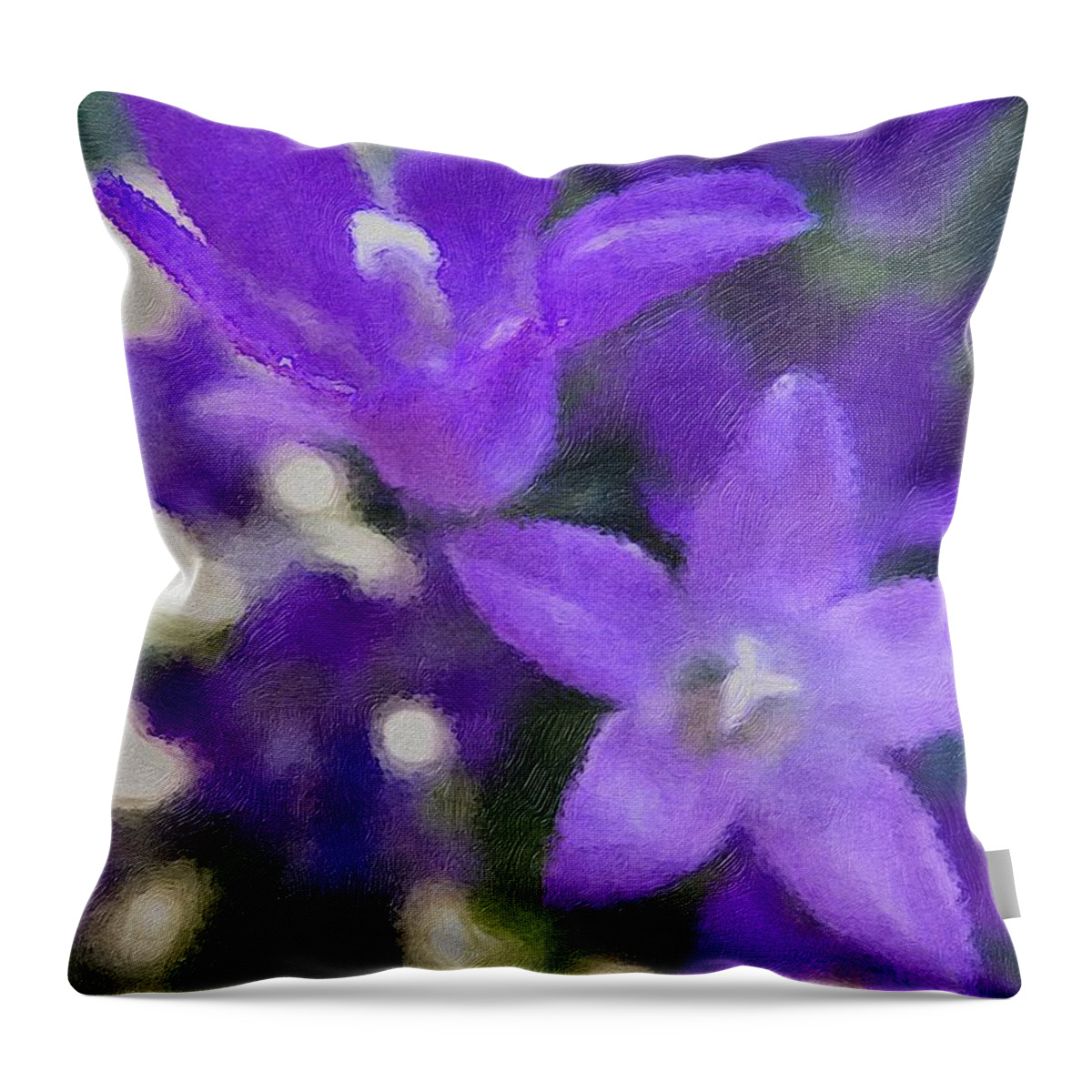 Brushstroke Throw Pillow featuring the photograph Purple Campanula Flowers by Jori Reijonen