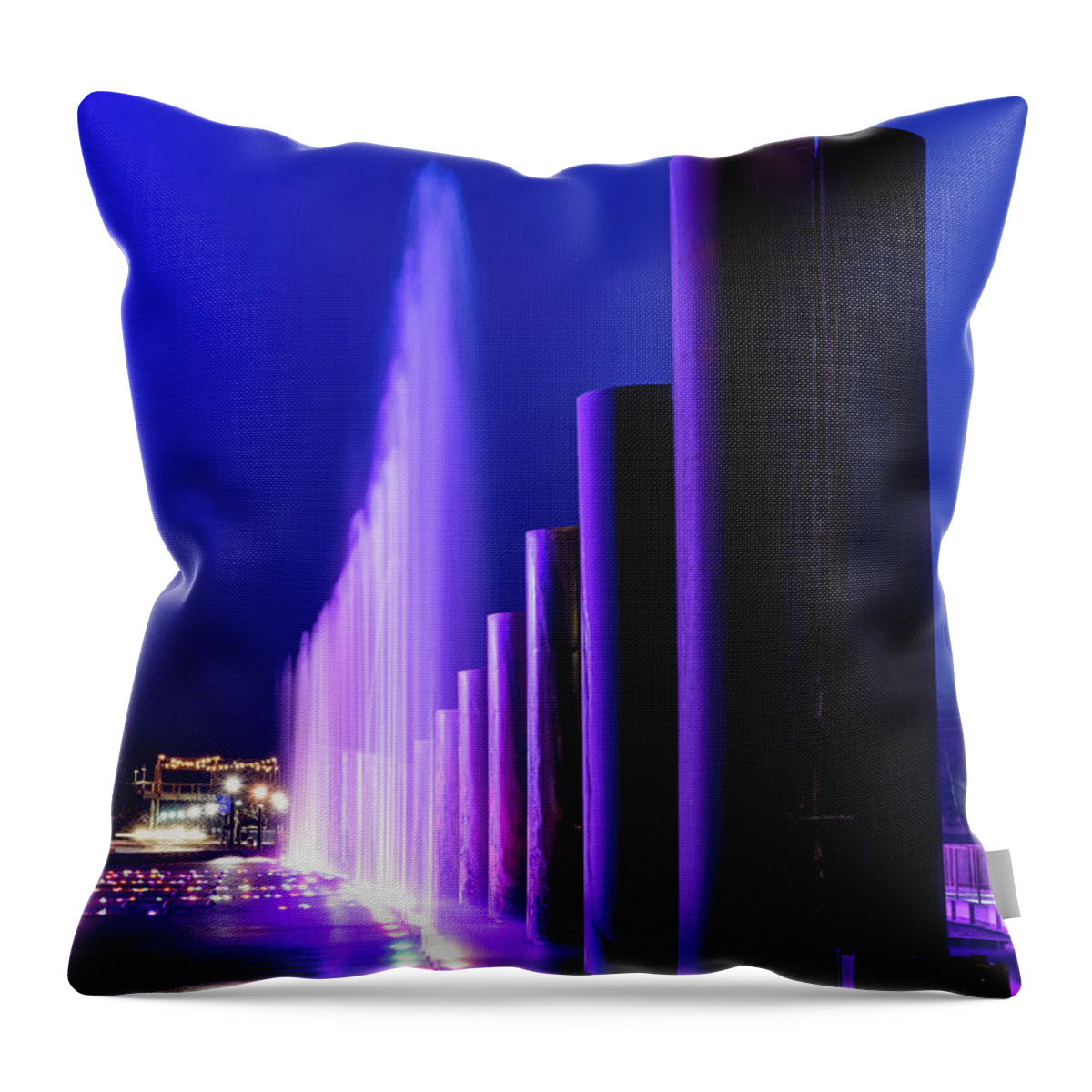 America Throw Pillow featuring the photograph Purple Fountain Majesty - Branson Landing at Dusk by Gregory Ballos