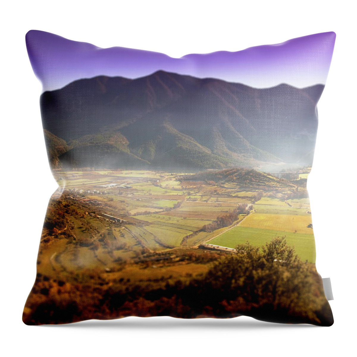 Scenics Throw Pillow featuring the photograph Pyrenees Valley With Fog At Morning by Artur Debat