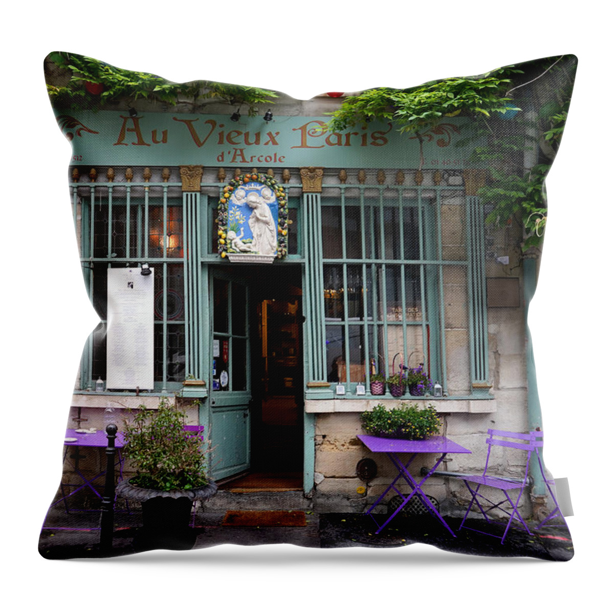 Quaint Paris Cafe Throw Pillow featuring the photograph Quaint Paris Cafe by Andrew Fare