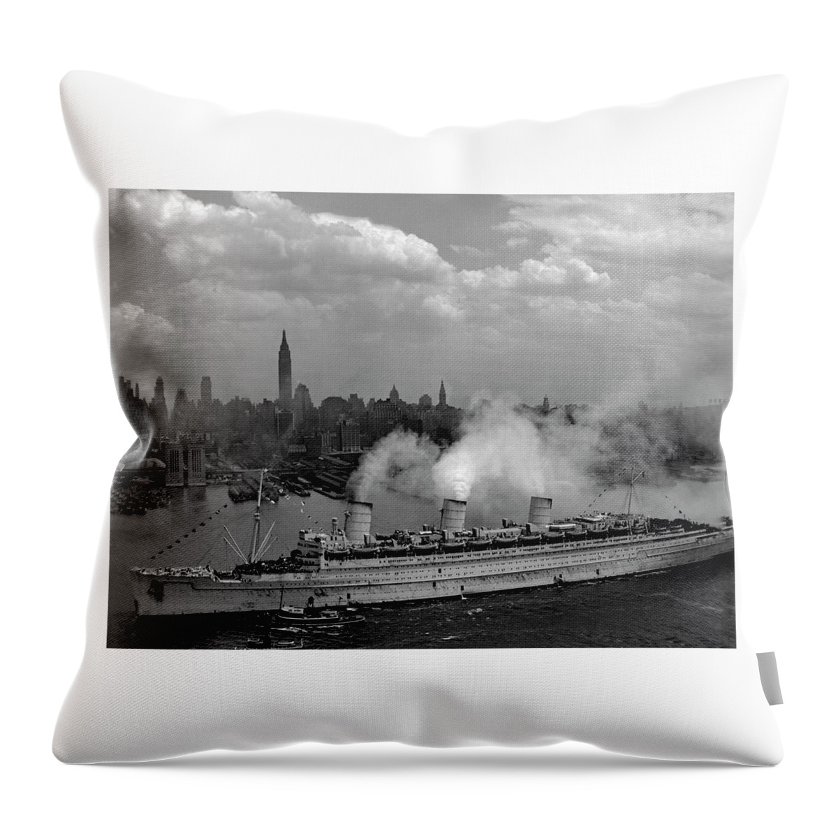 Old Manhattan Throw Pillow featuring the photograph Queen Mary entering New York Harbor, 1945 by Doc Braham