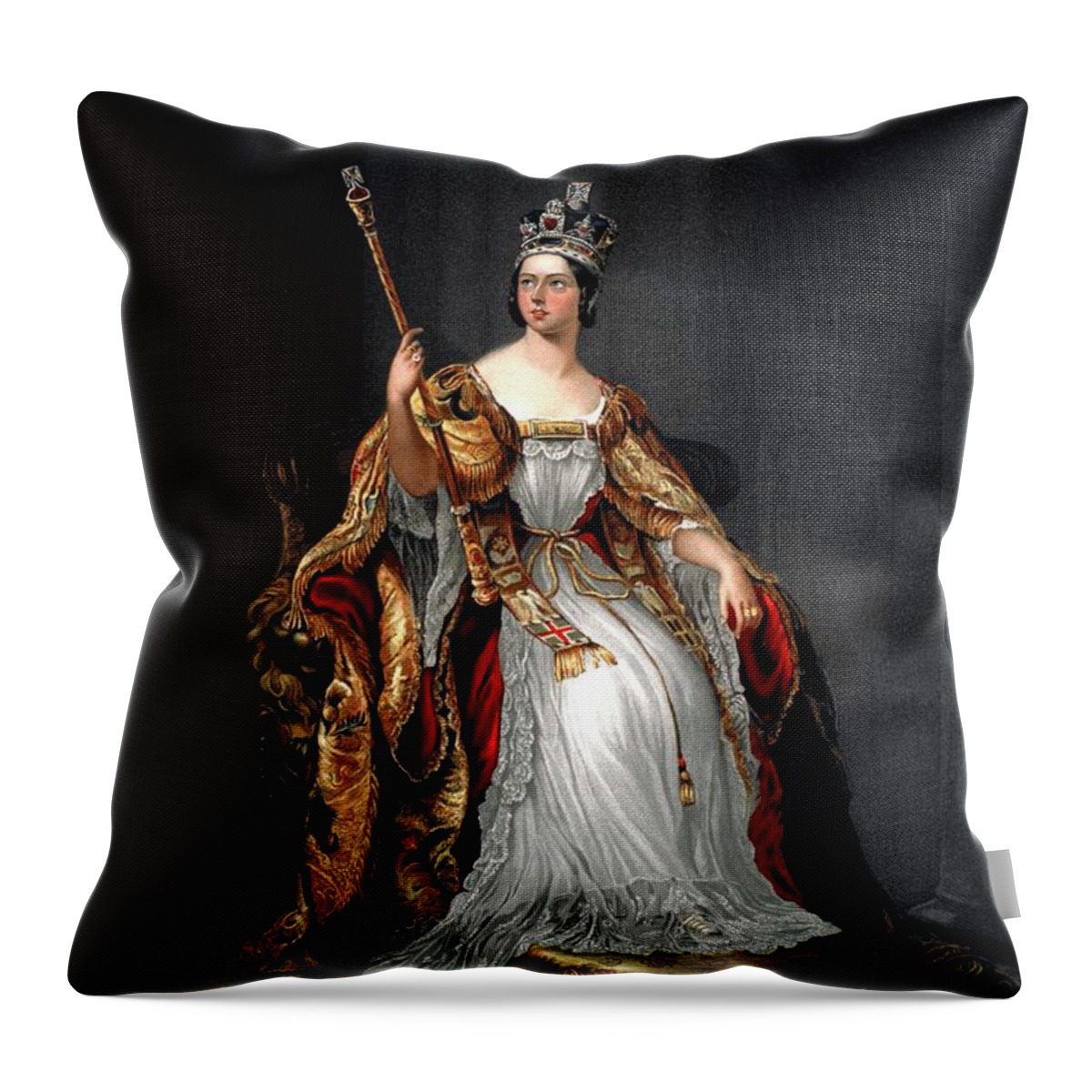 Changing Room Throw Pillow featuring the painting Queen Victoria in her coronation robes 1837 from Jubilee book of Queen Victoria. oleograph. by Album