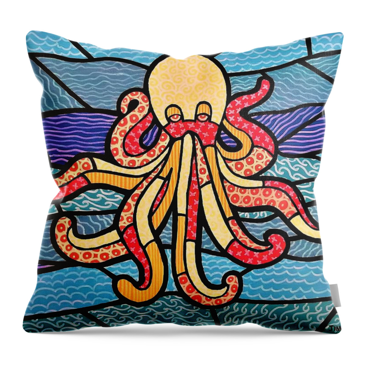 Octopus Throw Pillow featuring the painting Quilted Octopus by Jim Harris