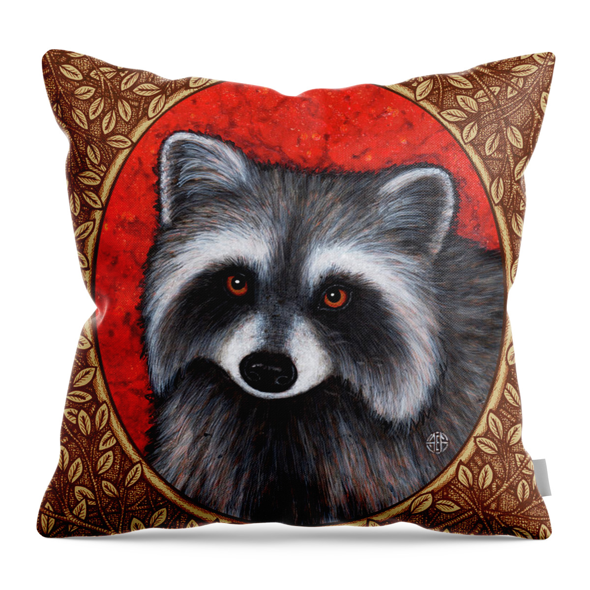 Animal Portrait Throw Pillow featuring the painting Raccoon Portrait - Brown Border by Amy E Fraser