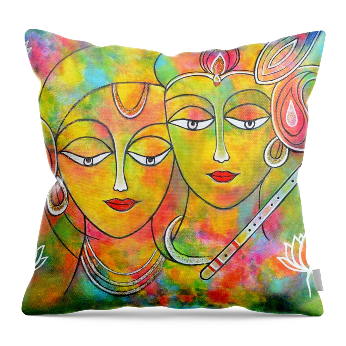 Holifestival Throw Pillow featuring the painting Radh Krishna Holi abstract II colorful vibrant by Manjiri Kanvinde