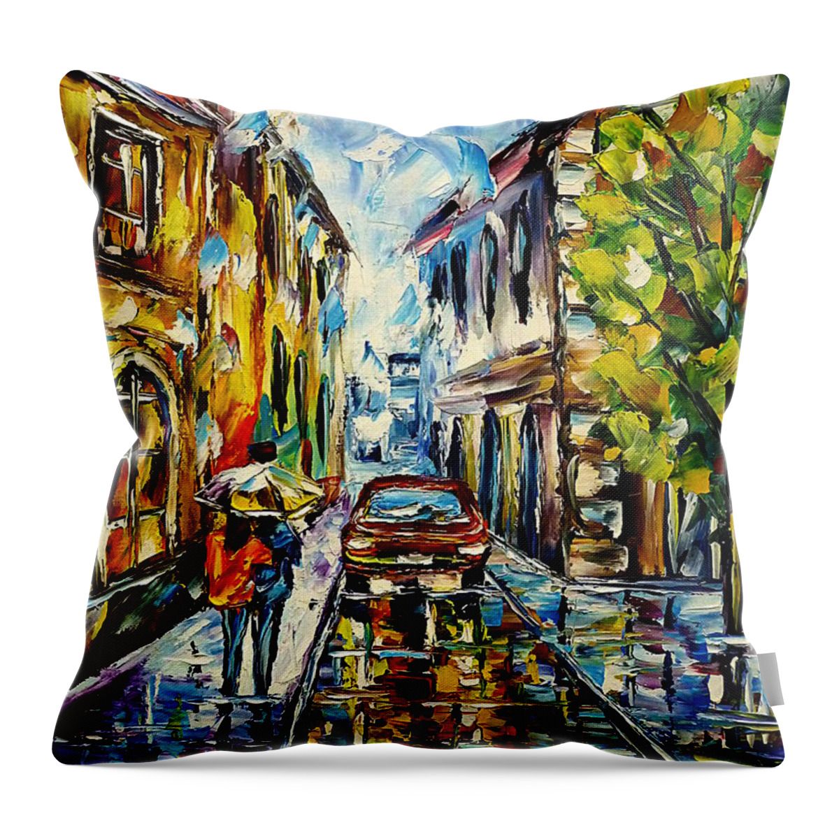 City In The Rain Throw Pillow featuring the painting Rain In The City by Mirek Kuzniar
