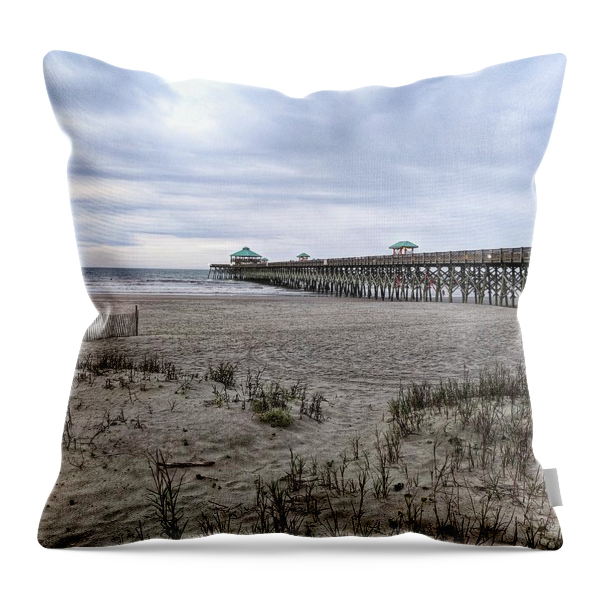 Cloudy Throw Pillow featuring the photograph Rainy Beach Day by Portia Olaughlin