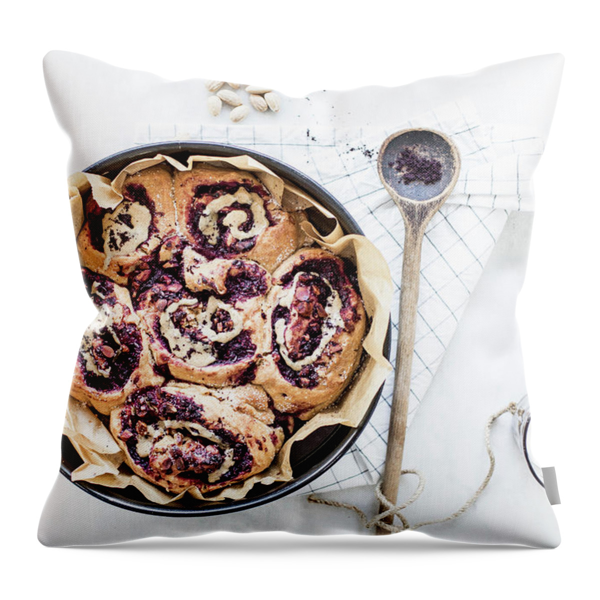 Ip_12548514 Throw Pillow featuring the photograph Raspberry And Acai Buns With Hazelnuts And Nut Butter by Theveggiekitchen