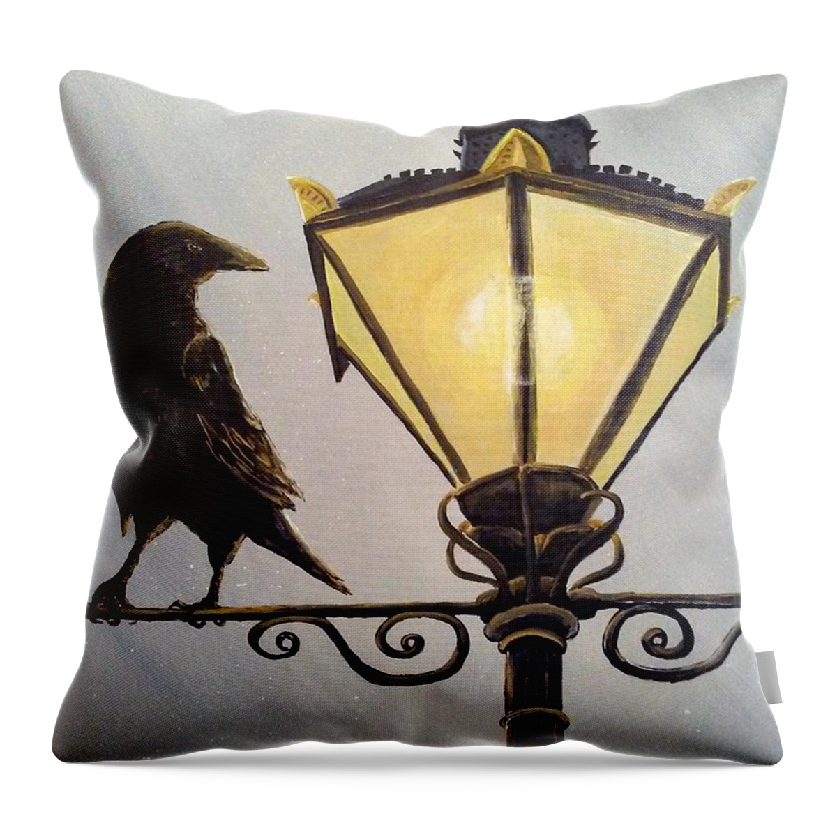 Raven Throw Pillow featuring the painting Raven on Tower of London Lamp by Mindy Gibbs