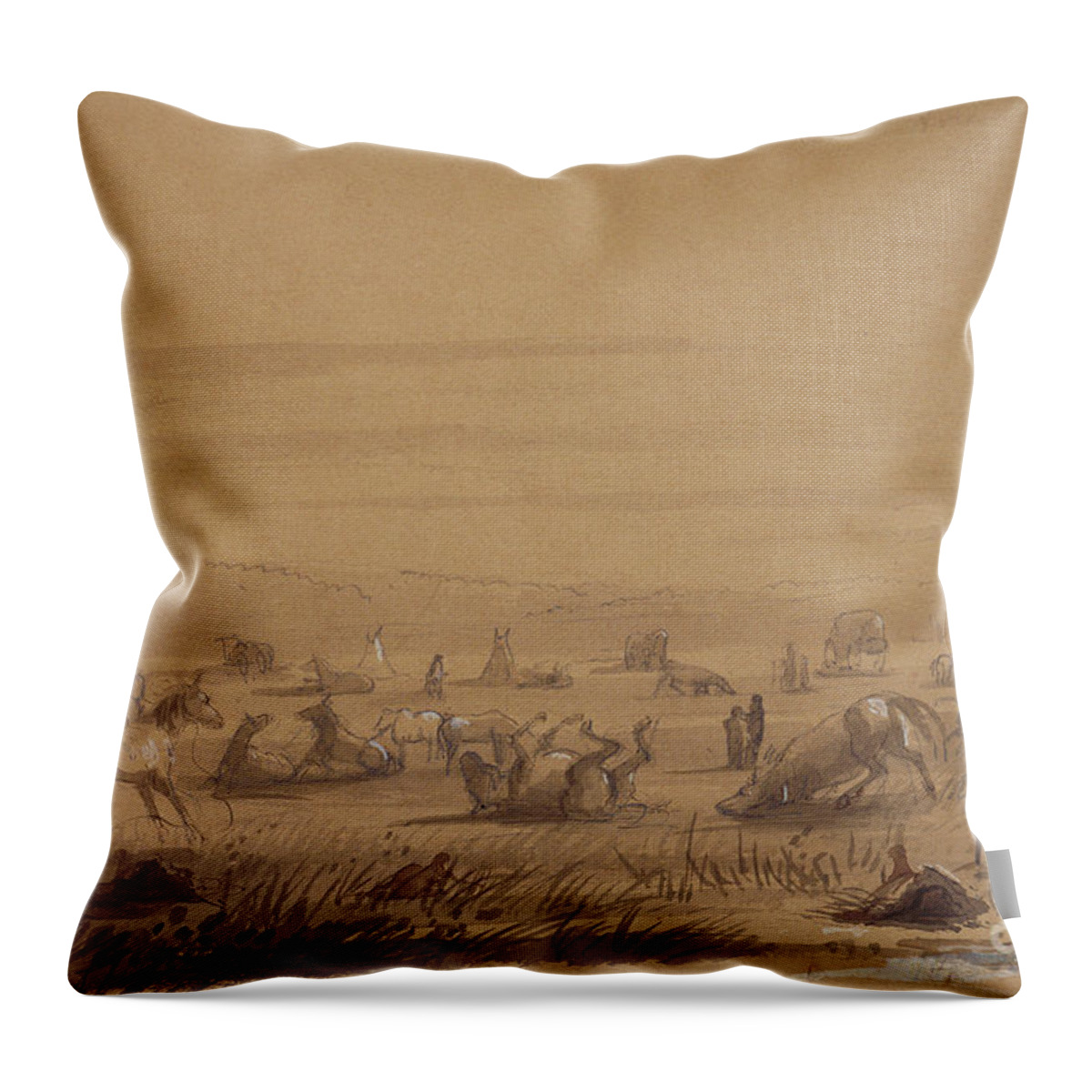 19th Century Throw Pillow featuring the painting Reaching Camp, Removing The Saddles, C.1837 by Alfred Jacob Miller