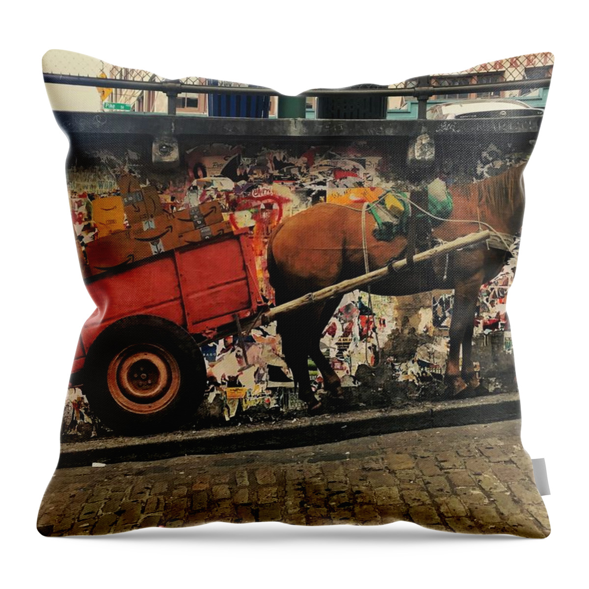 Mural Throw Pillow featuring the photograph Realistic Horse and Cart Mural by Jerry Abbott
