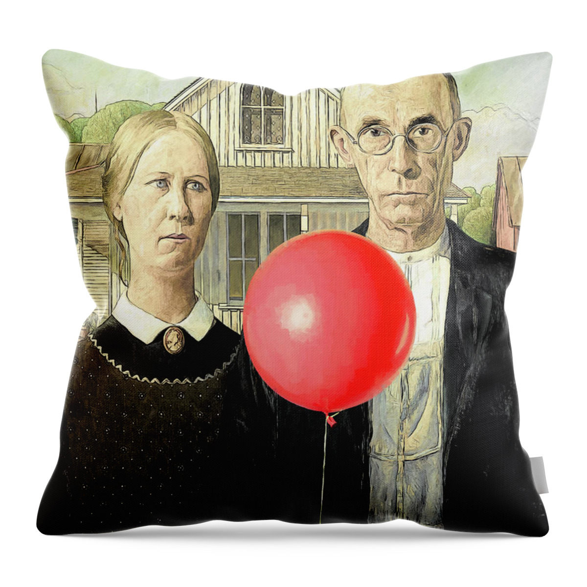 Balloon Throw Pillow featuring the digital art Red Balloon Does American Gothic by John Haldane
