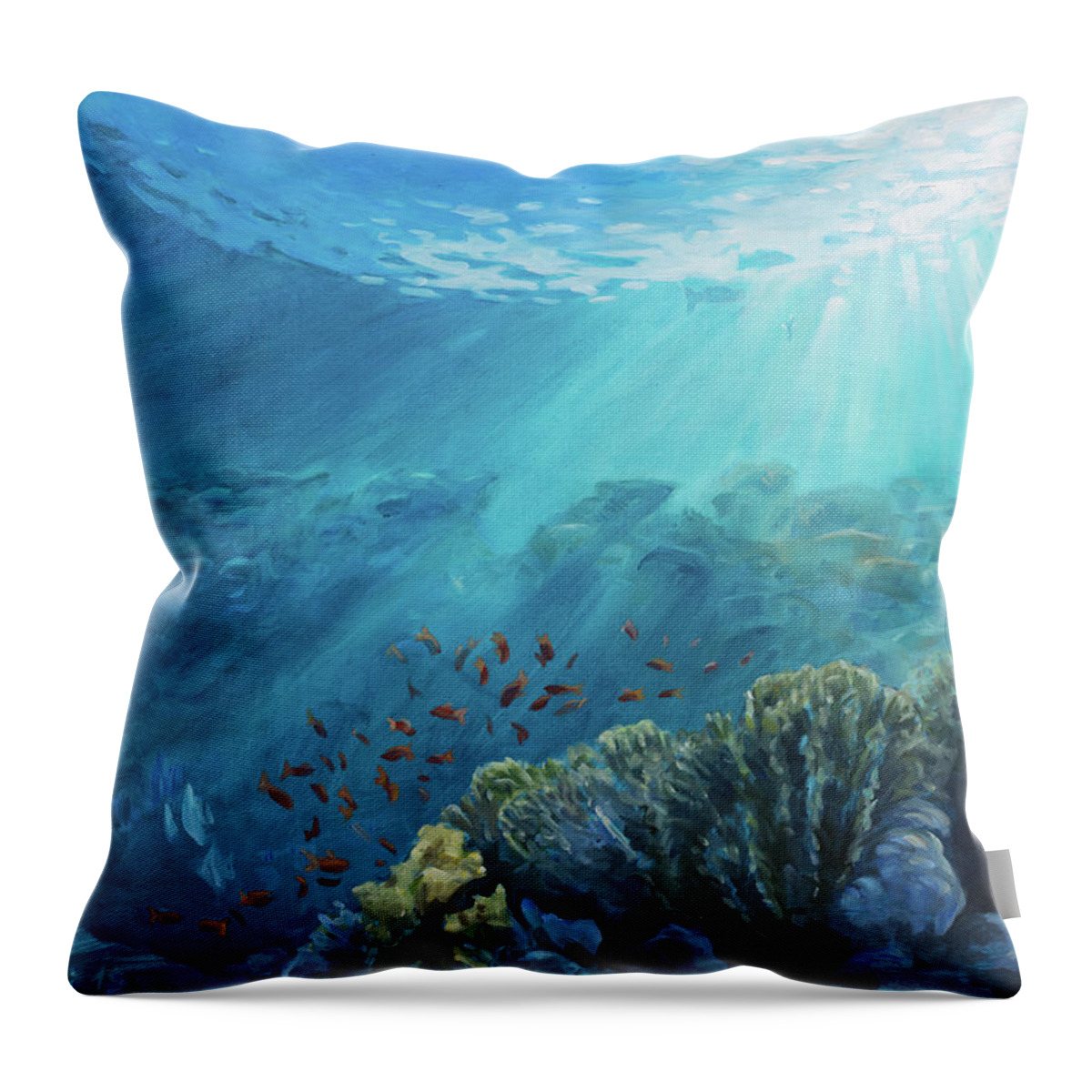 Sea Throw Pillow featuring the painting Red fishes running free by Marco Busoni