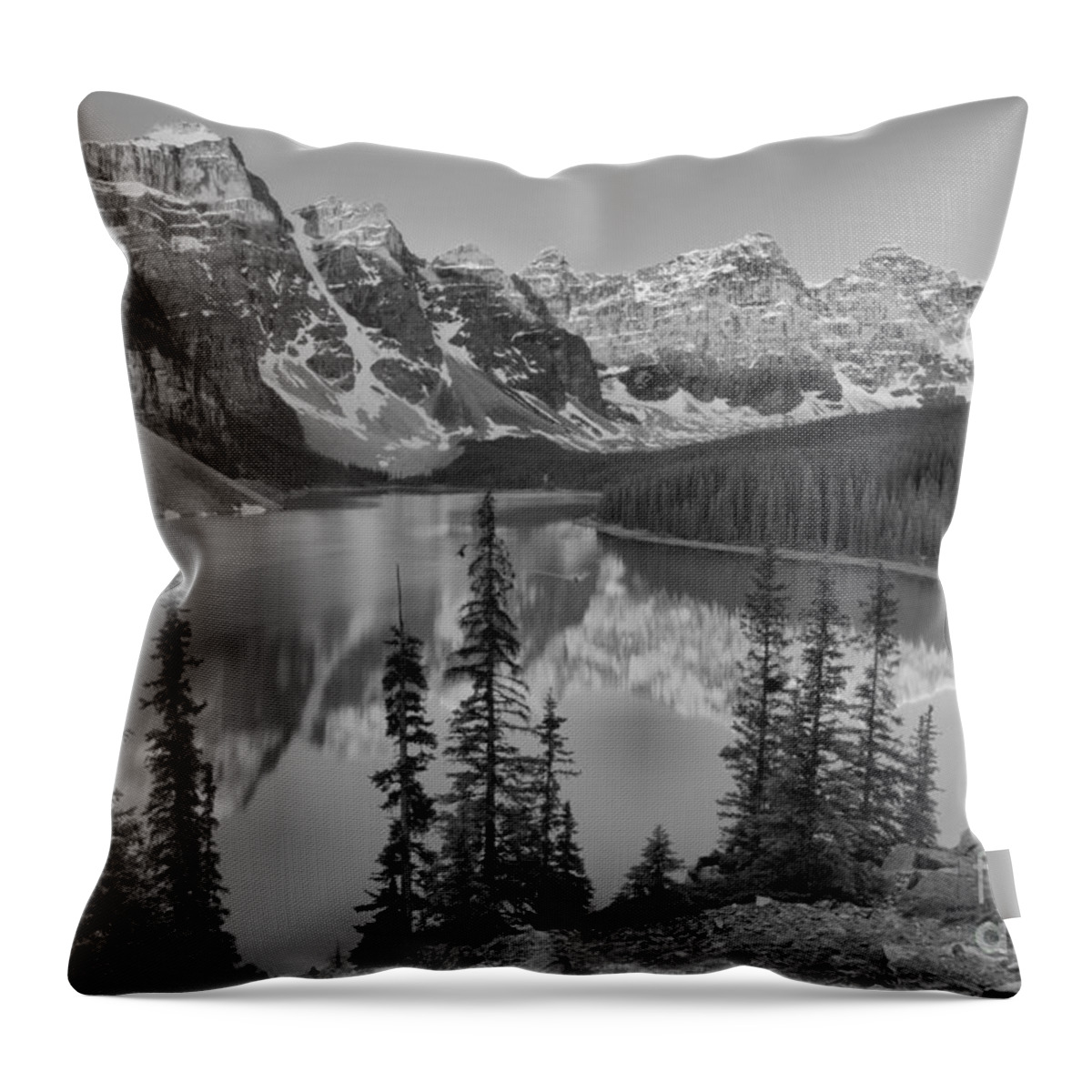 Moraine Lake Throw Pillow featuring the photograph Red Morning Peaks At Moraine Lake Black And White by Adam Jewell