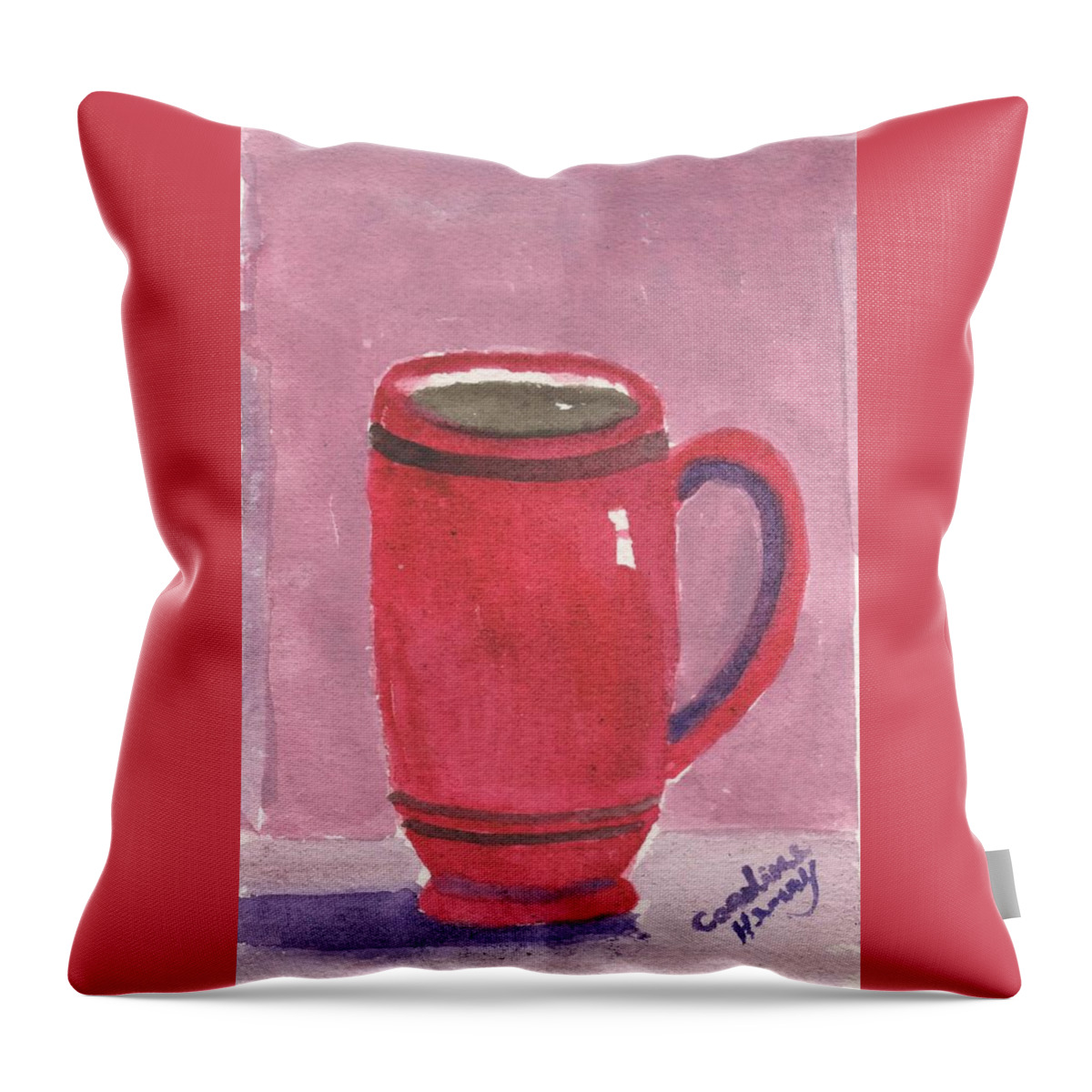 Mug Throw Pillow featuring the painting Red Mug by Caroline Henry