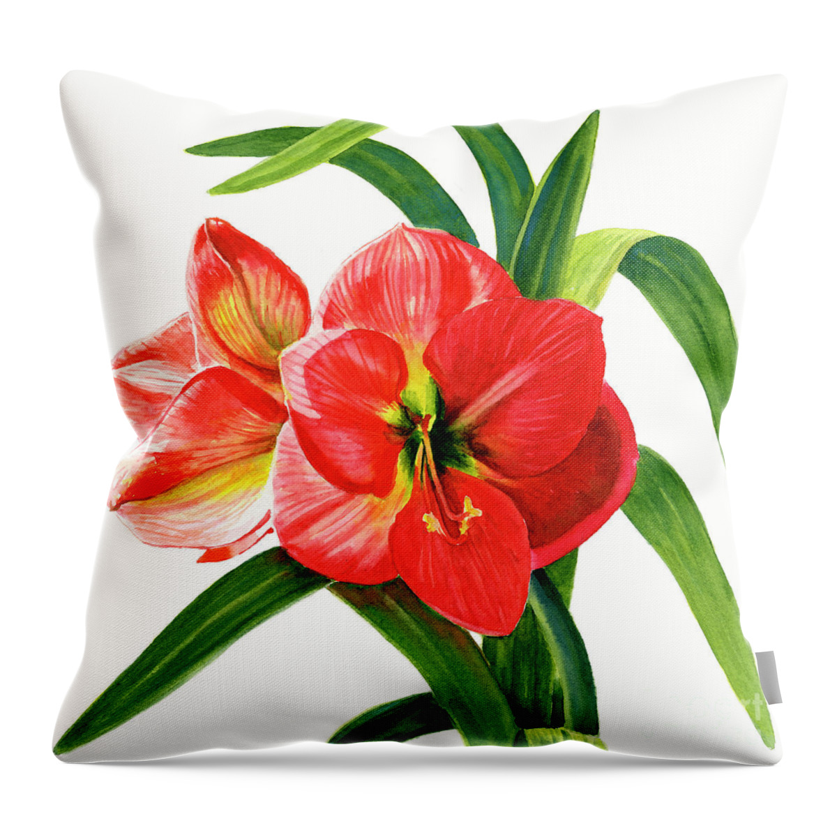 Red Throw Pillow featuring the painting Red Orange Amaryllis square design by Sharon Freeman