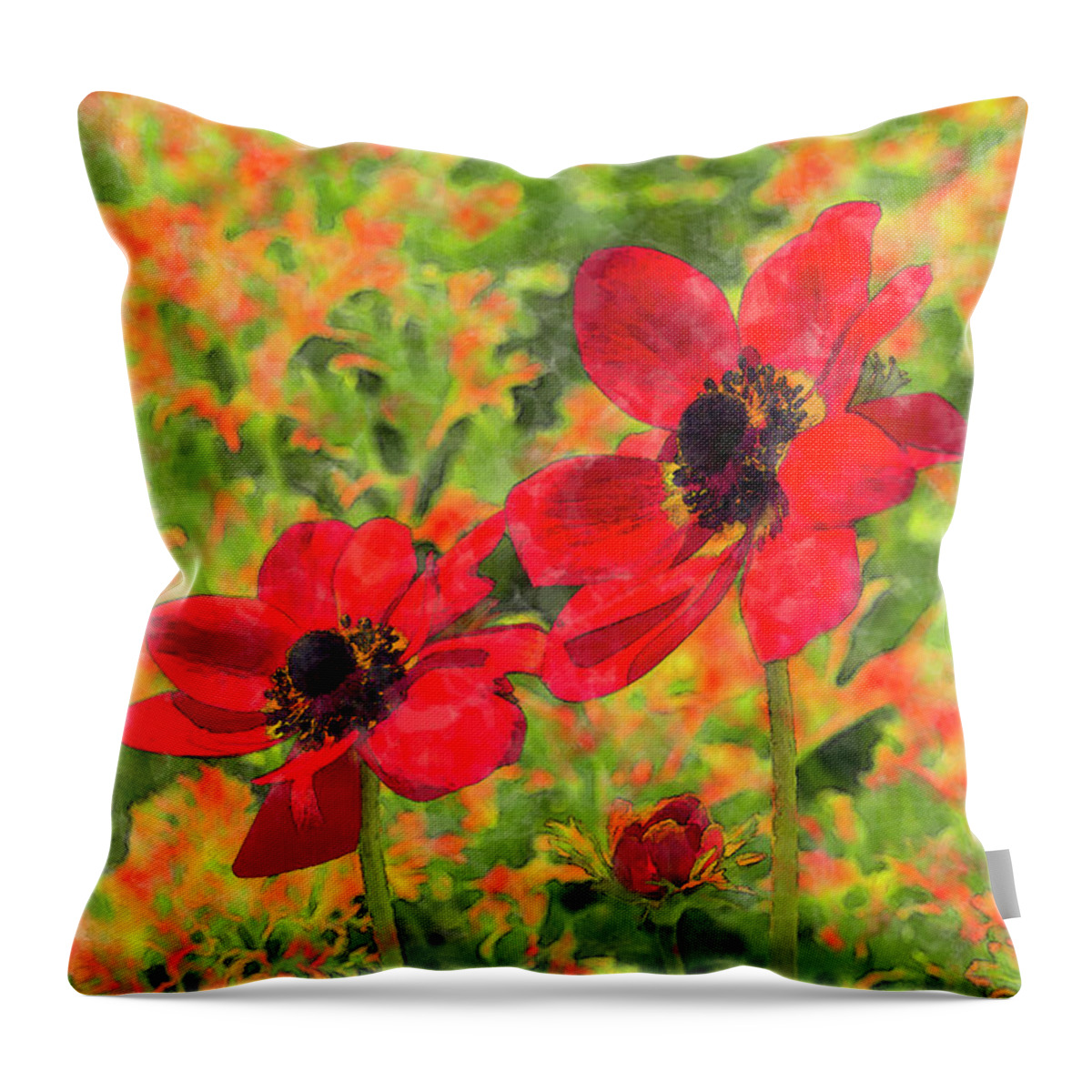 Anemone Coronaria Throw Pillow featuring the digital art Red Poppy Anemones by Tanya C Smith
