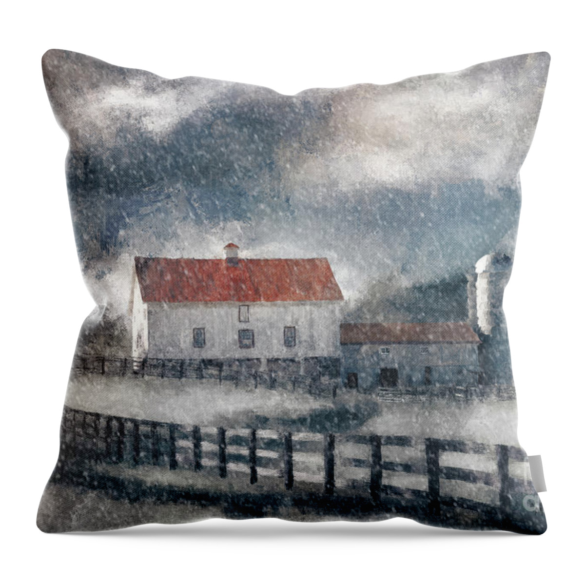 Barn Throw Pillow featuring the digital art Red Roof Barn In Winter by Lois Bryan