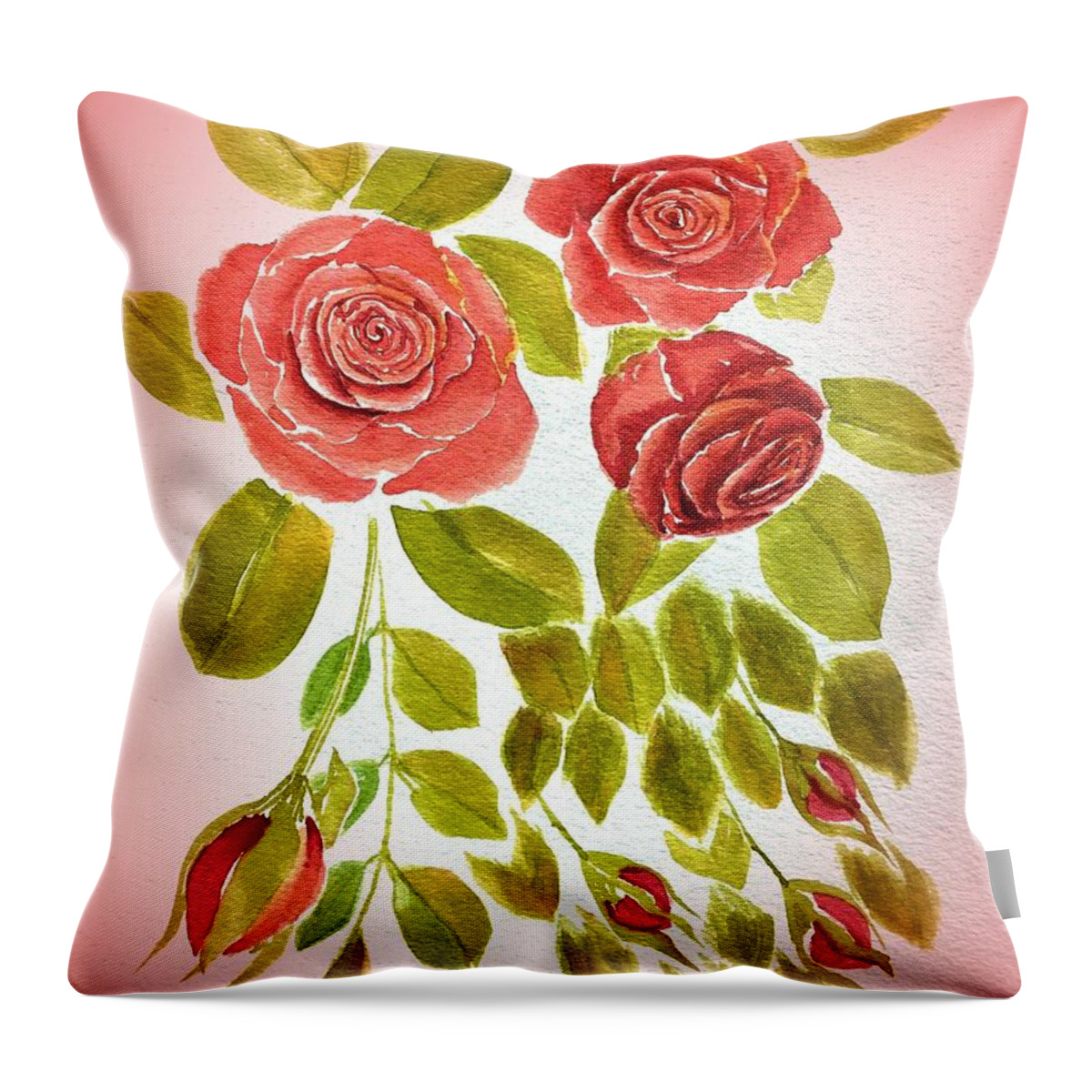 Red Throw Pillow featuring the painting Red Rose Floral Pre Framed by Delynn Addams
